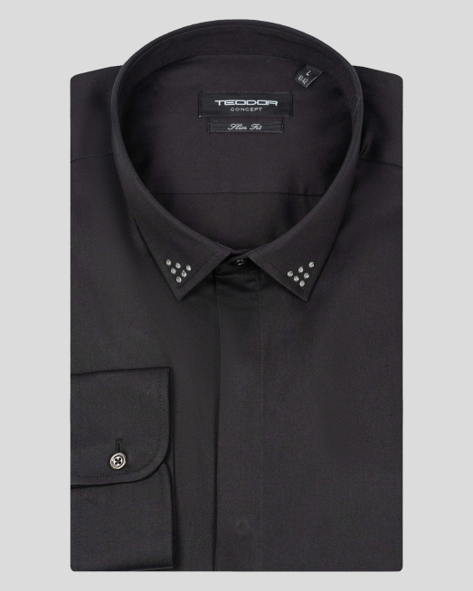 'ЧЕРНА КЛАСИЧЕСКА РИЗА С ДЕКОРАТИВНИ КАМЪЧЕТА