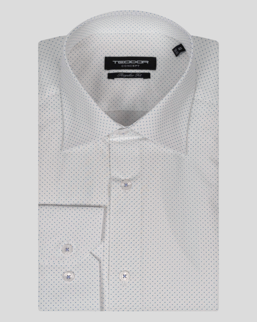 'БЯЛА КЛАСИЧЕСКА РИЗА НА СИНИ ТОЧКИ