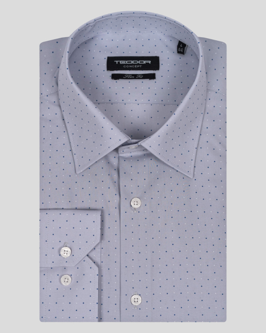 'СИВО СИНЯ РИЗА НА ЦВЕТНИ ТОЧКИ ВТАЛЕН СИЛУЕТ