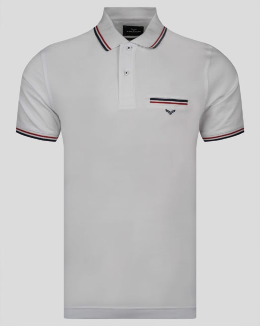 'БЯЛА ПИКЕ ТЕНИСКА С ДЕСЕНАЦИИ И КОНТРАСТНА БРОДЕРИЯ ЛОГО