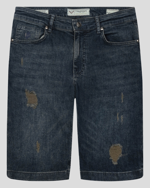 'ТЪМНО СИНИ ДЪНКОВИ БЕРМУДИ С НАКЪСАН ЕФЕКТ И ЛОГО 