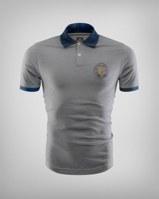 ' СИВА МЕЛАНЖИРАНА ТЕНИСКА С КОНТРАСТНА ПОЛО ЯКА И ЛОГО