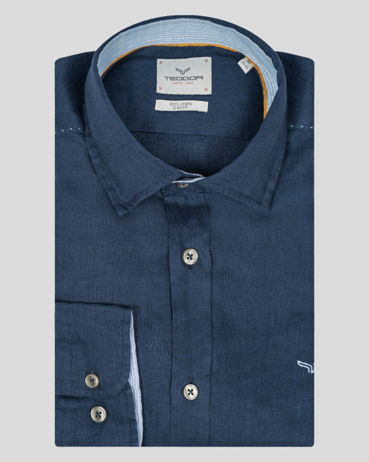 'ДЕНИМ СИНЯ РИЗА ОТ ЛЕН ВТАЛЕН СИЛУЕТ С БРОДЕРИЯ ЛОГО