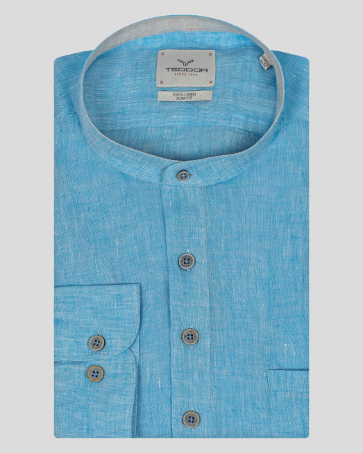 'СВЕТЛО СИНЯ РИЗА МЕЛАНЖ С ПОПСКА ЯКА И ГАРНИТУРА