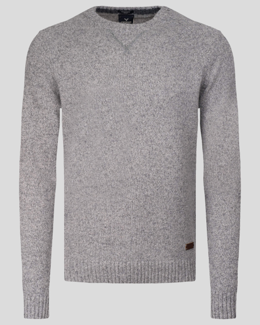 'СВЕТЛО СИВ МЕЛАНЖИРАН ПУЛОВЕР С РЕГЛАН РЪКАВ И КОЖЕНА ЕМБЛЕМА ЛОГО