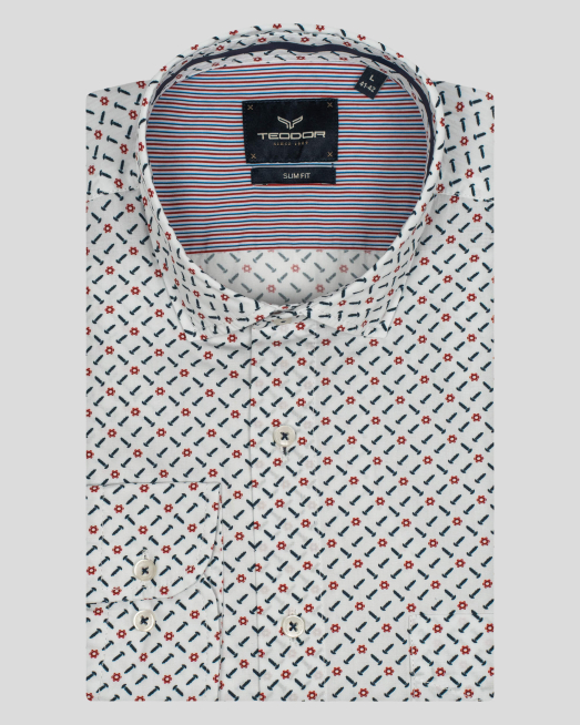 'БЯЛА ПАМУЧНА РИЗА С ЕФЕКТЕН СИТЕН ПРИНТ В СИНЬО И ЧЕРНО