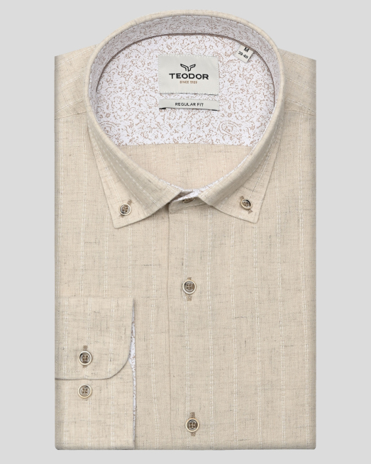 'БЕЖОВА РИЗА МЕЛАНЖ С КОПЧЕТА НА ЯКАТА И КОНТРАСТНА ГАРНИТУРА