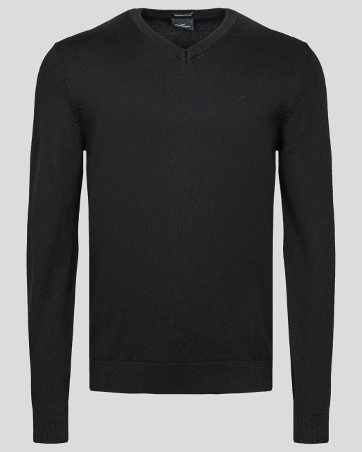 ' ЧЕРЕН ПУЛОВЕР С V-ОБРАЗНО ДЕКОЛТЕ И БРОДЕРИЯ ЛОГО ОТ PREMIUM ПАМУК