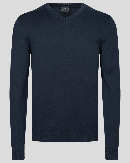 '  ТЪМНО СИН ПУЛОВЕР С V-ОБРАЗНО ДЕКОЛТЕ И ЛОГО ОТ PREMIUM ПАМУК