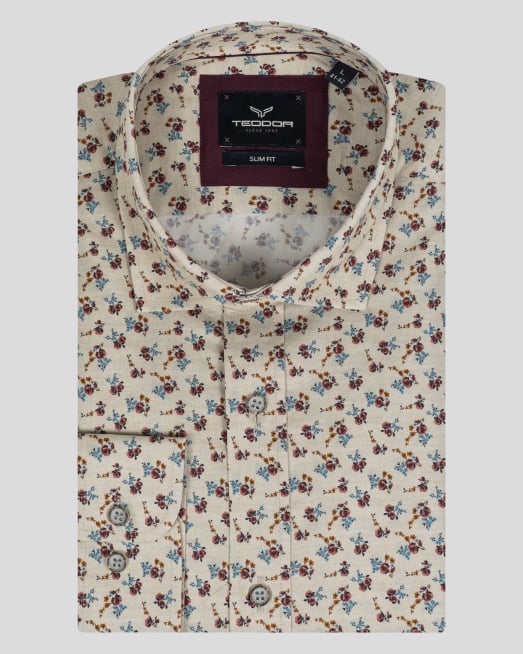 'БЕЖОВА РИЗА ВТАЛЕН СИЛУЕТ  В МНОГОЦВЕТЕН ФЛОРАЛЕН ПРИНТ 