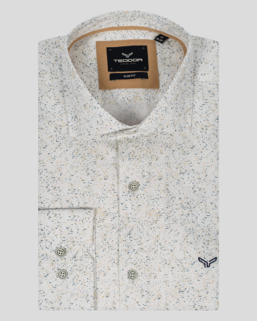 'БЯЛА СТРУКТУРНА РИЗА С ДИГИТАЛЕН ПРИНТ В БЕЖОВО И ЗЕЛЕНО 