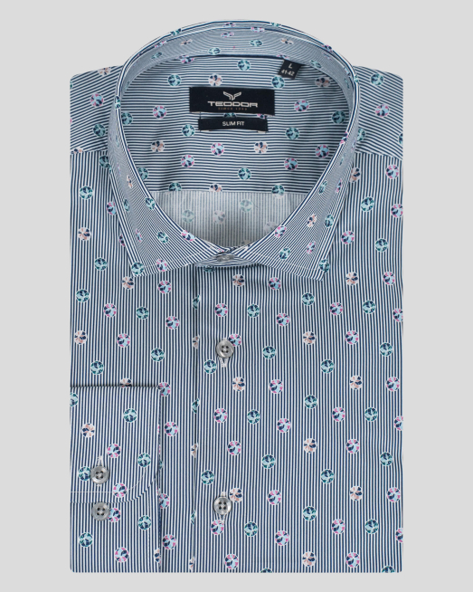 'СИНЯ  ВТАЛЕНА  РИЗА С МНОГОЦВЕТЕН АРТ ПРИНТ