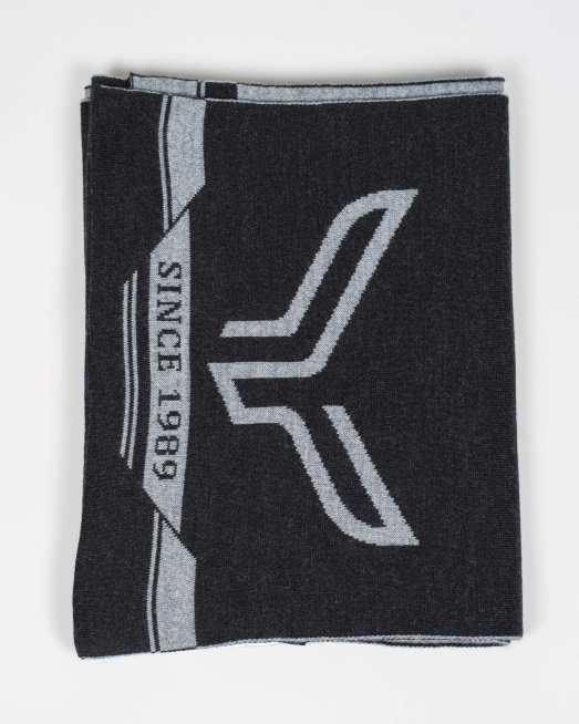 'ДВУЛИЦЕВ ВЪЛНЕН ШАЛ С ЛОГО И НАДПИС В ЦВЯТ АНТРАЦИТ И СВЕТЛО СИВО