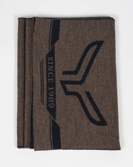 'ДВУЛИЦЕВ ВЪЛНЕН ШАЛ С ЛОГО И НАДПИС  В КАФЯВ И ТЪМНО СИН ЦВЯТ