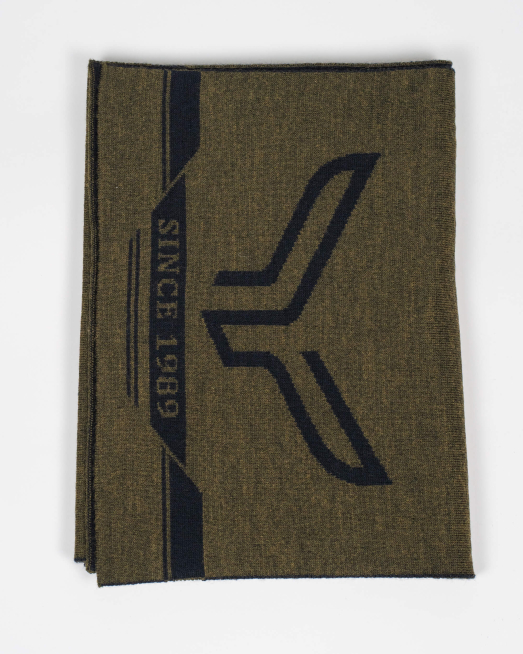 'ДВУЛИЦЕВ ВЪЛНЕН ШАЛ С ЛОГО И НАДПИС  В ЦВЯТ КАКИ И ТЪМНО СИНЬО