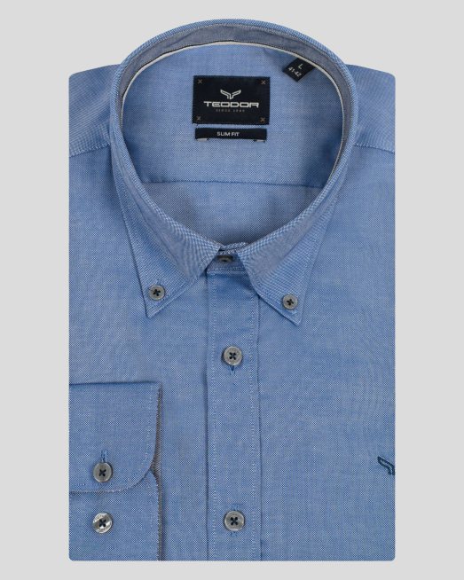 'СИНЯ МЕЛАНЖИРАНА РИЗА ОТ СТРУКТУРЕН ПАМУЧЕН ПЛАТ ОКСФОРД С ЛОГО 