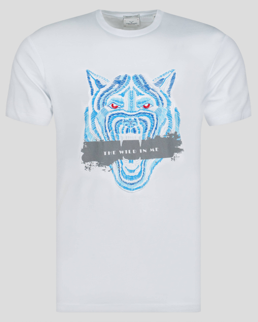 'БЯЛА ПАМУЧНА ТЕНИСКА ” THE WILD IN ME” С ПРИНТ И БРОДЕРИЯ ВЪЛК