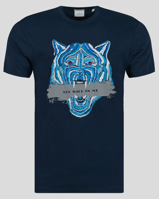 'ТЪМНОСИНЯ ПАМУЧНА ТЕНИСКА ” THE WILD IN ME” С ПРИНТ И БРОДЕРИЯ ВЪЛК