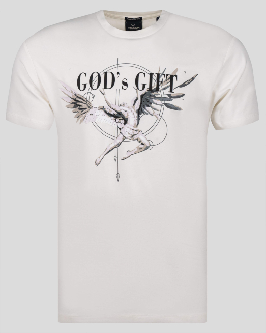 'ТЕНИСКА В ЕКРЮ С ЕФЕКТЕН ПРИНТ И НАДПИС GOD' S GIFT ОТ  PREMIUM ПАМУК 