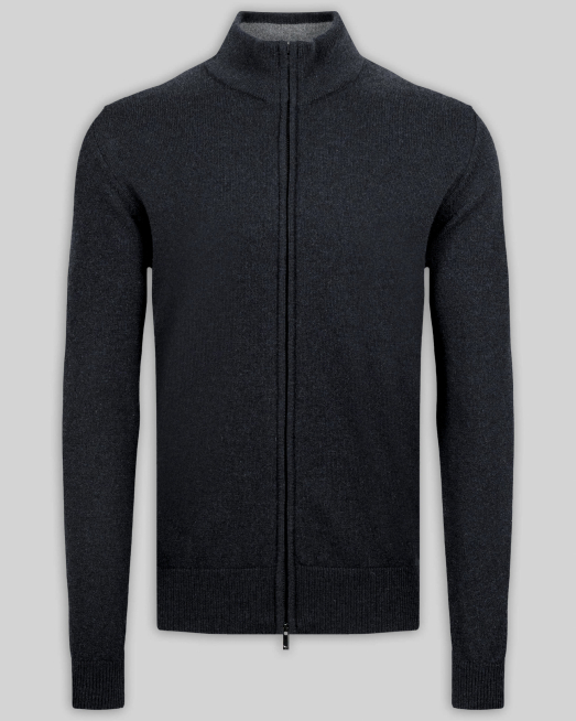 'ЧЕРНА ЖИЛЕТКА С КОНТРАСТНА ДЕСЕНАЦИЯ НА ЯКАТА ОТ 100% КАШМИР