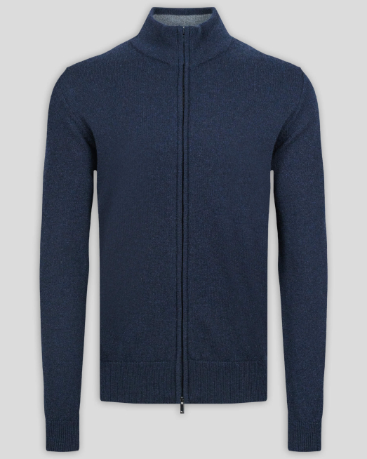 'ТЪМНОСИНЯ ЖИЛЕТКА С КОНТРАСТНА ДЕСЕНАЦИЯ НА ЯКАТА ОТ 100% КАШМИР