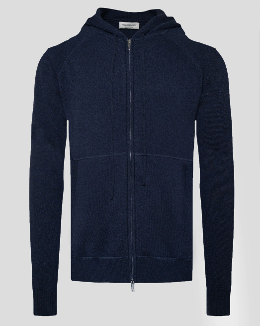 'ТЪМНОСИНЯ ЖИЛЕТКА С КАЧУЛКА И ЦИП ОТ 100% КАШМИР