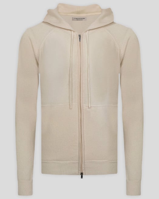 'ЖИЛЕТКА С КАЧУЛКА И ЦИП ОТ 100% КАШМИР В ЕКРЮ