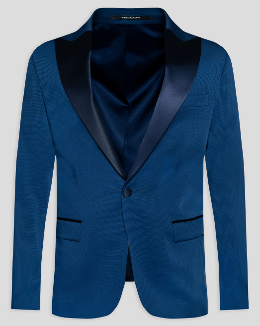 'ТЪМНОСИНЬО ЦЕРЕМОНИАЛНО САКО С ОСТЪР САТЕНИРАН РЕВЕР ВТАЛЕН СИЛУЕТ