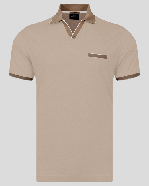 ' БЕЖОВА МЕЛАНЖИРАНА ТЕНИСКА С ПОЛО ЯКА И КОНТРАСТНА ДЕСЕНАЦИЯ