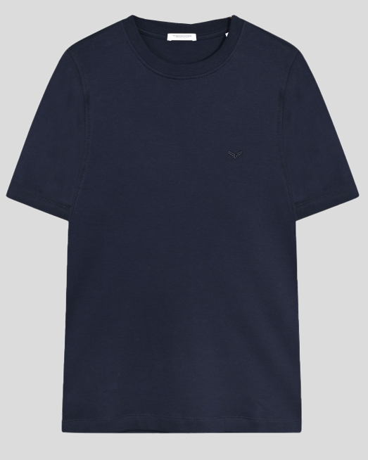 'ТЪМНОСИНЯ ОВЪРСАЙЗ ТЕНИСКА С ОБЛО ДЕКОЛТЕ И ЛОГО