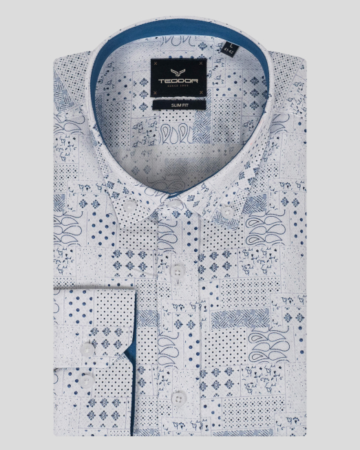 'БЯЛА РИЗА С КОНТРАСТЕН ФИГУРАЛЕН ПРИНТ И ГАРНИТУРА НА ЯКА И МАНШЕТИ