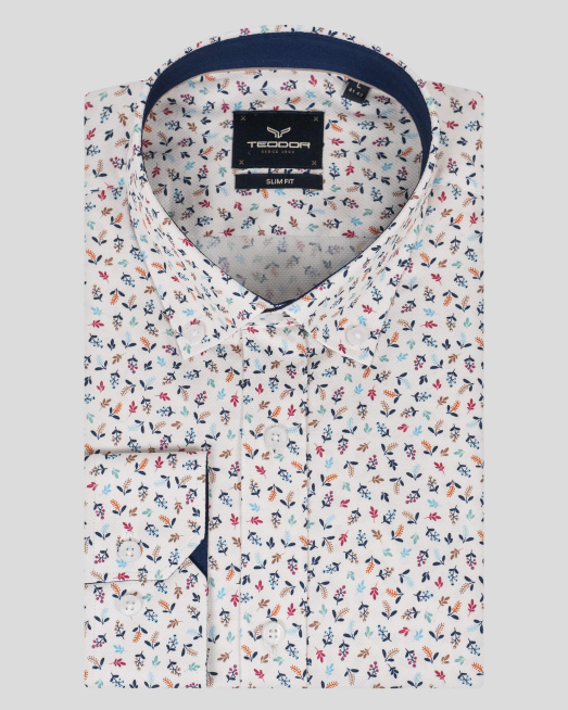 'БЯЛА РИЗА ОТ СТРУКТУРЕН ПАМУЧЕН ПЛАТ С КОНТРАСТЕН ФЛОРАЛЕН ДЕСЕН