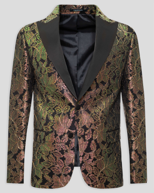 'МНОГОЦВЕТНО ЦЕРЕМОНИАЛНО САКО СЪС САТЕНИРАН РЕВЕР ВЪВ ФЛОРАЛЕН ДЕСЕН 