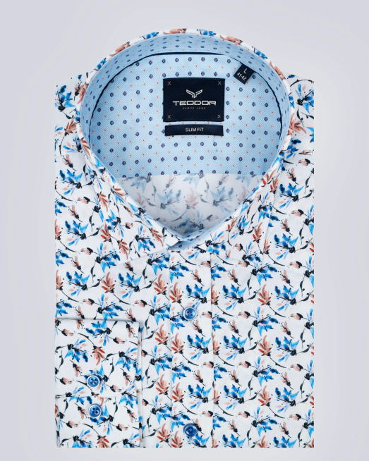 'БЯЛА ПАМУЧНА РИЗА В ЕФЕКТЕН ФЛОРАЛЕН ПРИНТ ВТАЛЕН СИЛУЕТ