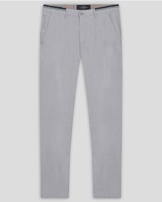 'СИВ ЧИНО ПАНТАЛОН В СИТНА СТРУКТУРА С КОНТРАСТЕН ШИРИТ НА КОЛАН