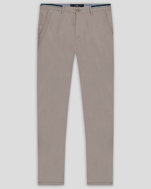 'БЕЖОВ ЧИНО ПАНТАЛОН В СИТНА СТРУКТУРА С КОНТРАСТЕН ШИРИТ  