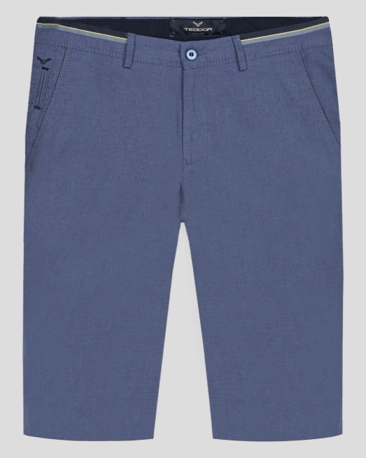 'ДЕНИМ СИНИ БЕРМУДИ В СИТНА СТРУКТУРА С ШИРИТ НА КОЛАН