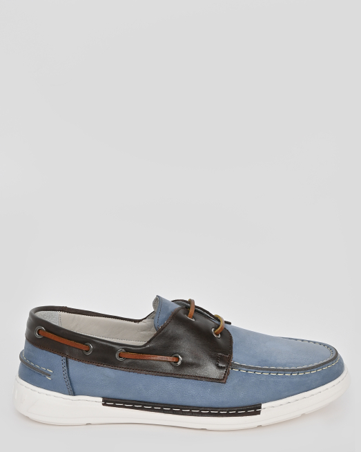 'СВЕТЛОСИНИ МОКАСИНИ ОТ НАБУК С КОНТРАСТНА ГАРНИТУРА ОТ ГЛАДКА КОЖА