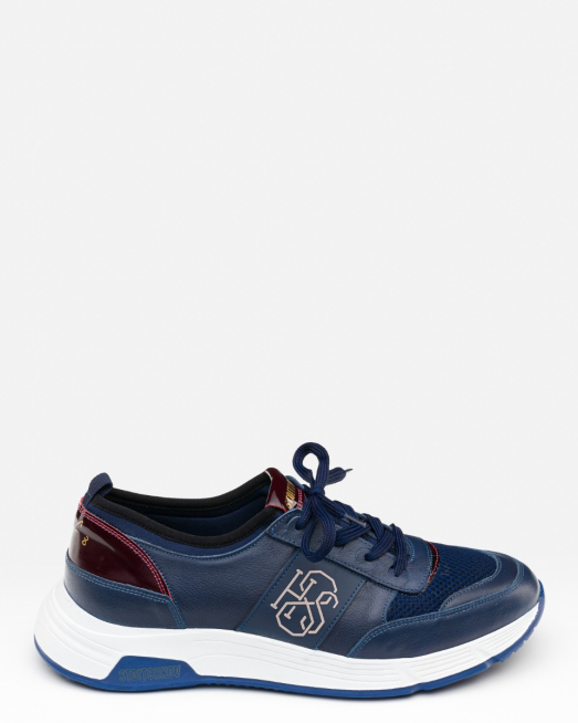 'ТЪМНОСИНИ КОМБИНИРАНИ МАРАТОНКИ ОТ КОЖА И ТЕКСТИЛ С ЛОГО