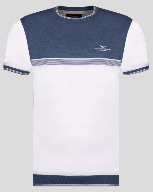 'ДВУЦВЕТНА ТЕНИСКА С ОБЛО ДЕКОЛТЕ ОТ ЕГИПЕТСКИ ПАМУК В БЯЛО И СИНЬО