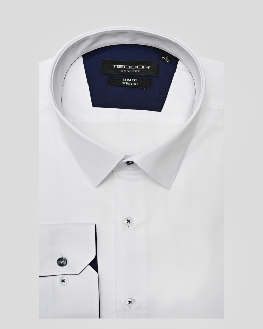 'ФИНА БЯЛА  РИЗА С КОНТРАСТЕН ШИРИТ НА КАНОН И ГАРНИТУРА НА МАНШЕТИ