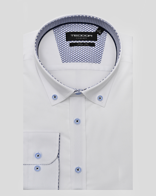 'БЯЛА РИЗА ВТАЛЕН СИЛУЕТ С ГАРНИТУРА НА ЯКА, КАНОН  И МАНШЕТИ 