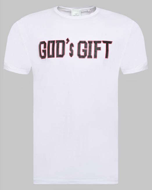 'БЯЛА ТЕНИСКА ОТ PREMIUM ПАМУК С КОНТРАСТЕН РЕЛЕФЕН ПРИНТ "GOD`s GIFT"