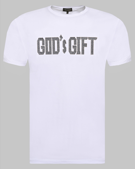 'БЯЛА ТЕНИСКА С ЕФЕКТЕН ПРИНТ С НАДПИС "GOD`s GIFT"