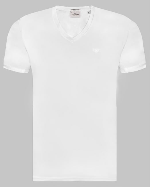 'БЯЛА ТЕНИСКА С V-ОБРАЗНО ДЕКОЛТЕ И ТОНАЛНО ЛОГО ОТ PREMIUM ПАМУК