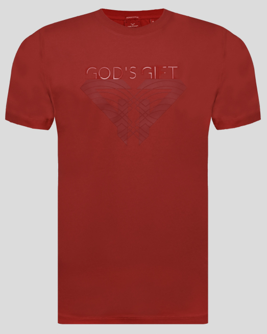 'ЧЕРВЕНА ТЕНИСКА С ПРИНТ С НАДПИС "GOD`s GIFT" И ДЕКОРАТИВНИ ЛЕНТИ 
