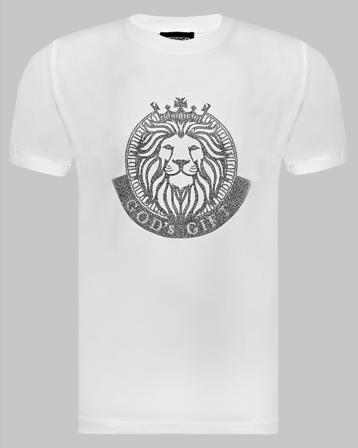 'БЯЛА ТЕНИСКА С ЕФЕКТЕН ПРИНТ LION Gods`Gift И ДЕКОРАТИВНИ КАМЪНИ