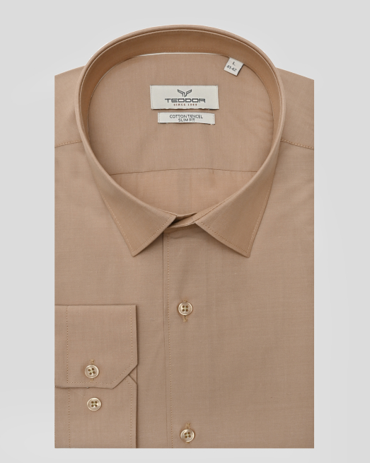 'БЕЖОВА  КЛАСИЧЕСКА РИЗА СЪС СЕЧЕН МАНШЕТ ОТ ПАМУК И ТЕНСЕЛ