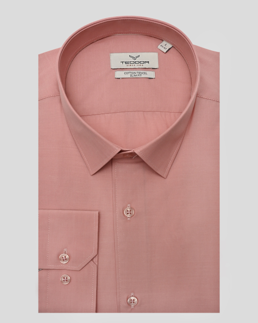 'РОЗОВА КЛАСИЧЕСКА РИЗА ОТ ПАМУК И ТЕНСЕЛ СЪС СЕЧЕН МАНШЕТ