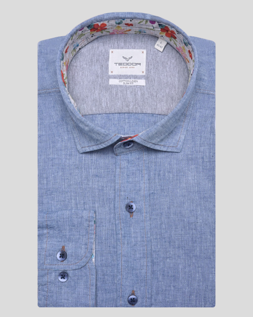 'СИНЯ ВТАЛЕНА РИЗА  ОТ ПАМУК И ЛЕН С НАВИВАЩИ СЕ РЪКАВИ 